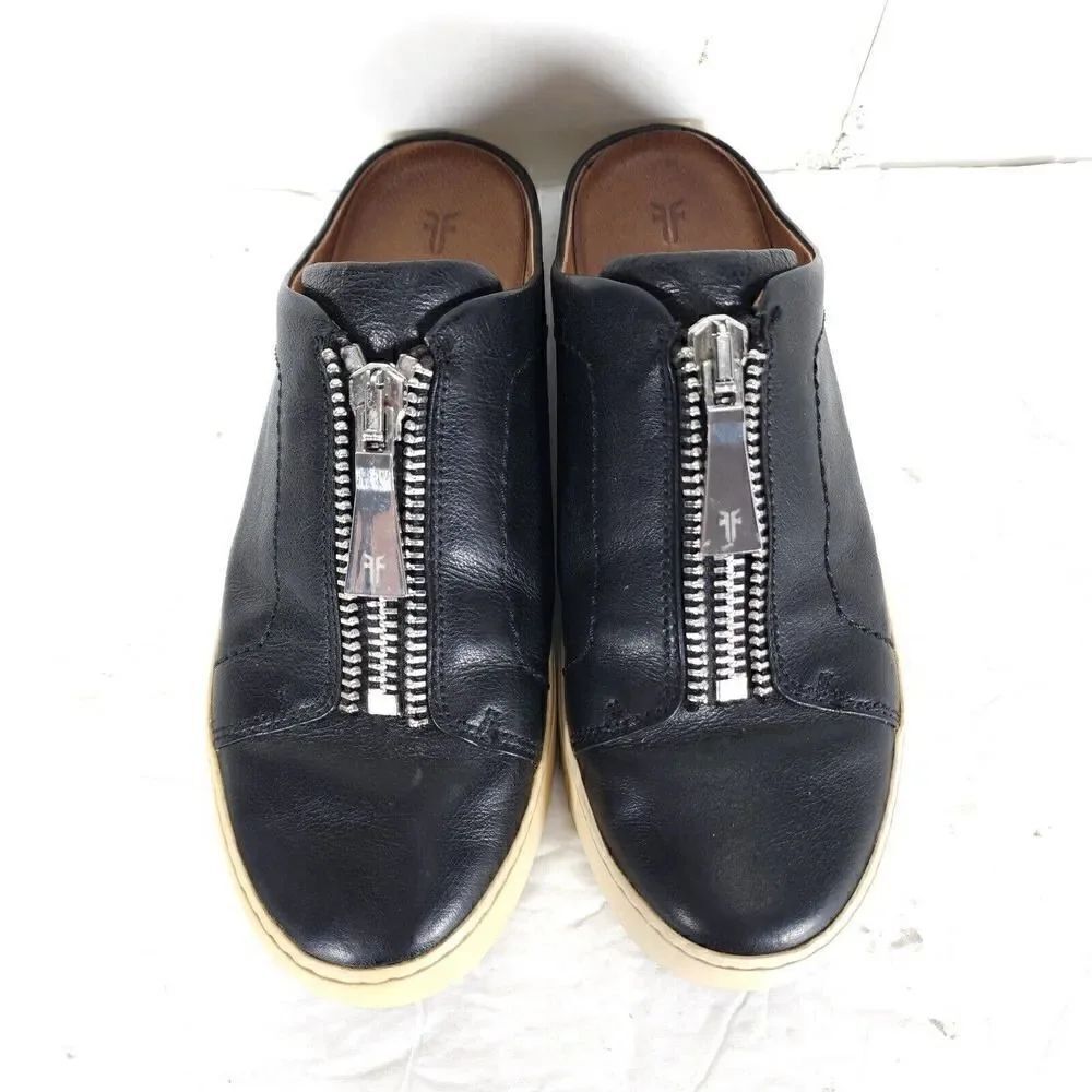 Frye women's Lena Zip US 7,5M Black Leather Slip On Flat Mules Sneakers Shoes - Picture 12 of 13